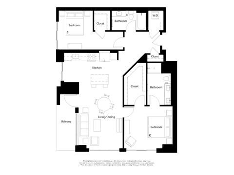 Floor plan for 2 beds, 2 baths, 1249 sqft